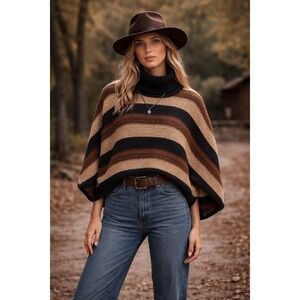 Womens Knit Poncho Sweater Striped Turtleneck Cape Brown Black Made USA